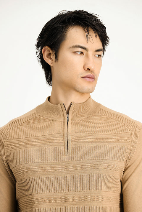 Orta Bej Yarım Balıkçı Yaka Regular Fit Fermuarlı Desenli Pamuklu Triko Kazak