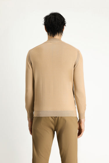 Orta Bej Yarım Balıkçı Yaka Regular Fit Fermuarlı Desenli Pamuklu Triko Kazak