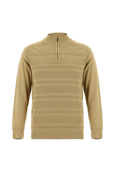 Orta Bej Yarım Balıkçı Yaka Regular Fit Fermuarlı Desenli Pamuklu Triko Kazak