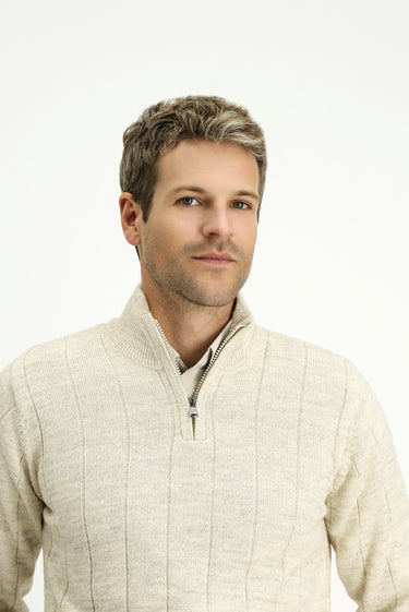  Açık Bej Yarım Balıkçı Yaka Regular Fit Fermuarlı Desenli Triko Kazak