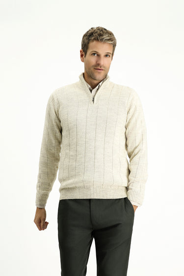  Açık Bej Yarım Balıkçı Yaka Regular Fit Fermuarlı Desenli Triko Kazak