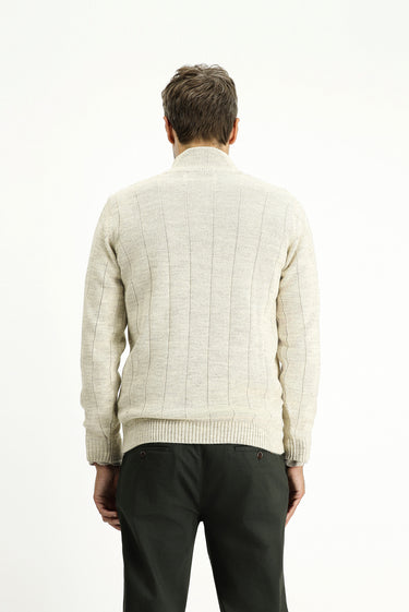 Açık Bej Yarım Balıkçı Yaka Regular Fit Fermuarlı Desenli Triko Kazak