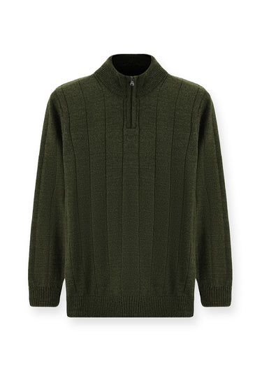 Orta Haki Yarım Balıkçı Yaka Regular Fit Fermuarlı Desenli Triko Kazak