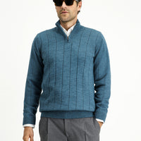 Orta Petrol Yarım Balıkçı Yaka Regular Fit Fermuarlı Desenli Triko Kazak