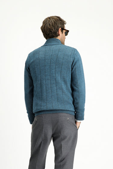 Orta Petrol Yarım Balıkçı Yaka Regular Fit Fermuarlı Desenli Triko Kazak