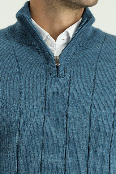 Orta Petrol Yarım Balıkçı Yaka Regular Fit Fermuarlı Desenli Triko Kazak