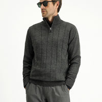 Orta Antrasit Yarım Balıkçı Yaka Regular Fit Fermuarlı Desenli Triko Kazak