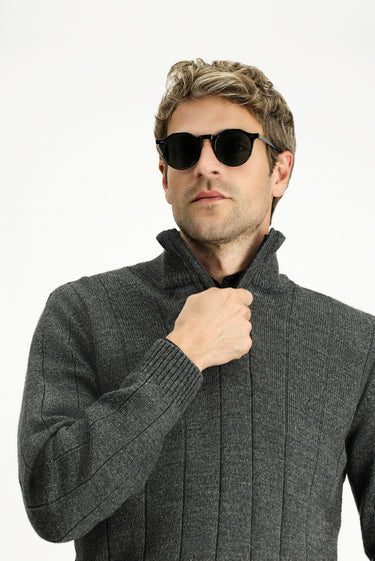 Orta Antrasit Yarım Balıkçı Yaka Regular Fit Fermuarlı Desenli Triko Kazak