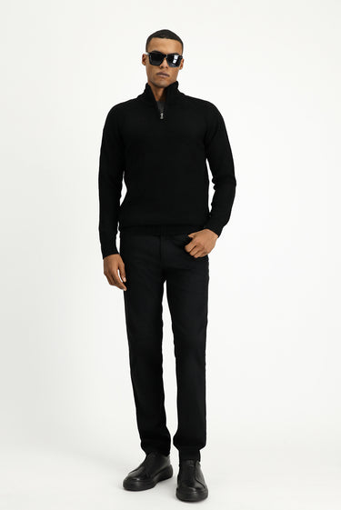 Siyah Yarım Balıkçı Yaka Slim Fit Dar Kesim Fermuarlı Desenli Dikişsiz Triko Kazak