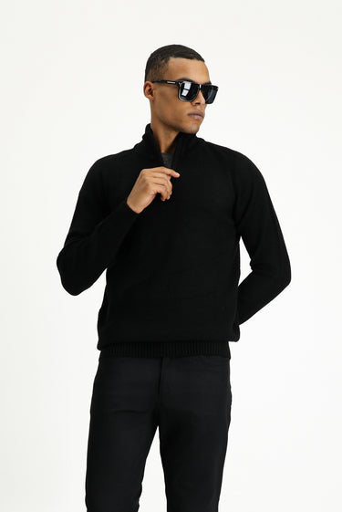 Siyah Yarım Balıkçı Yaka Slim Fit Dar Kesim Fermuarlı Desenli Dikişsiz Triko Kazak