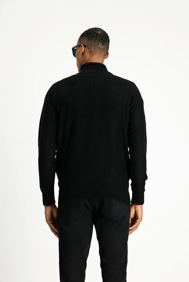 Siyah Yarım Balıkçı Yaka Slim Fit Dar Kesim Fermuarlı Desenli Dikişsiz Triko Kazak