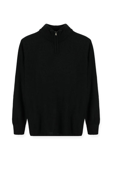 Siyah Yarım Balıkçı Yaka Slim Fit Dar Kesim Fermuarlı Desenli Dikişsiz Triko Kazak