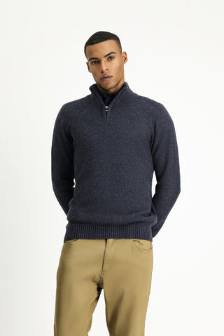  İndigo Yarım Balıkçı Yaka Slim Fit Dar Kesim Fermuarlı Desenli Dikişsiz Triko Kazak