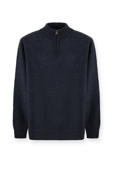 İndigo Yarım Balıkçı Yaka Slim Fit Dar Kesim Fermuarlı Desenli Dikişsiz Triko Kazak