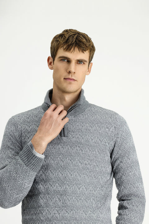 Orta Gri Melanj Yarım Balıkçı Yaka Regular Fit Fermuarlı Desenli Triko Kazak