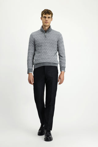  Orta Gri Melanj Yarım Balıkçı Yaka Regular Fit Fermuarlı Desenli Pamuklu Triko Kazak