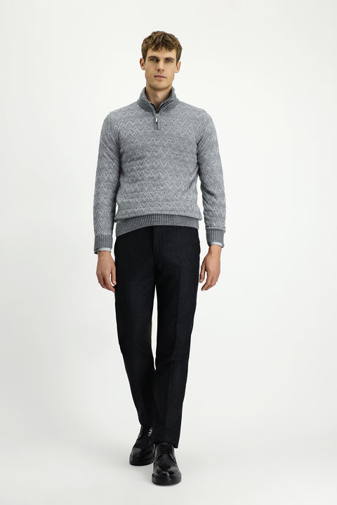 Orta Gri Melanj Yarım Balıkçı Yaka Regular Fit Fermuarlı Desenli Triko Kazak