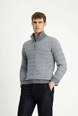  Orta Gri Melanj Yarım Balıkçı Yaka Regular Fit Fermuarlı Desenli Pamuklu Triko Kazak