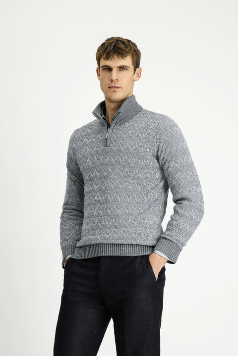 Orta Gri Melanj Yarım Balıkçı Yaka Regular Fit Fermuarlı Desenli Triko Kazak