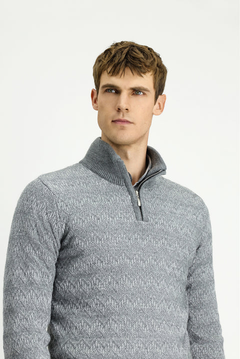 Orta Gri Melanj Yarım Balıkçı Yaka Regular Fit Fermuarlı Desenli Triko Kazak