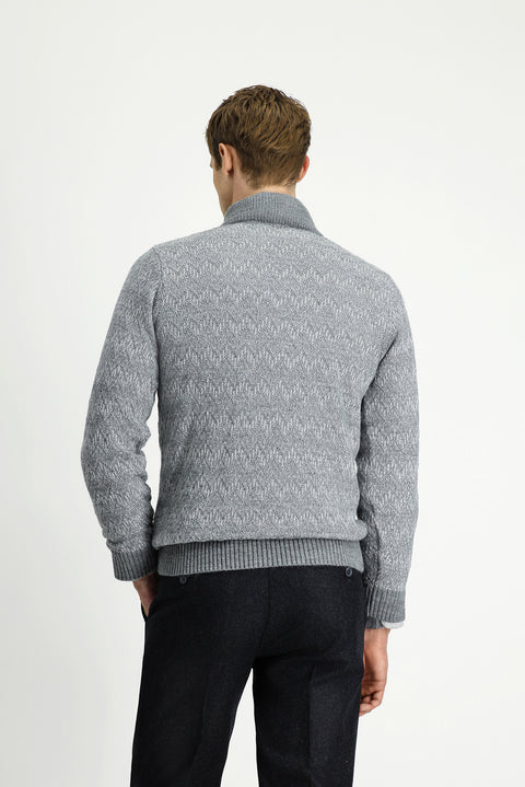 Orta Gri Melanj Yarım Balıkçı Yaka Regular Fit Fermuarlı Desenli Triko Kazak