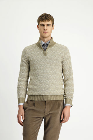  Orta Bej Yarım Balıkçı Yaka Regular Fit Fermuarlı Desenli Pamuklu Triko Kazak