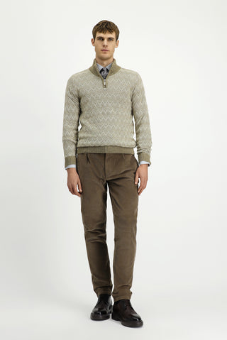  Orta Bej Yarım Balıkçı Yaka Regular Fit Fermuarlı Desenli Pamuklu Triko Kazak