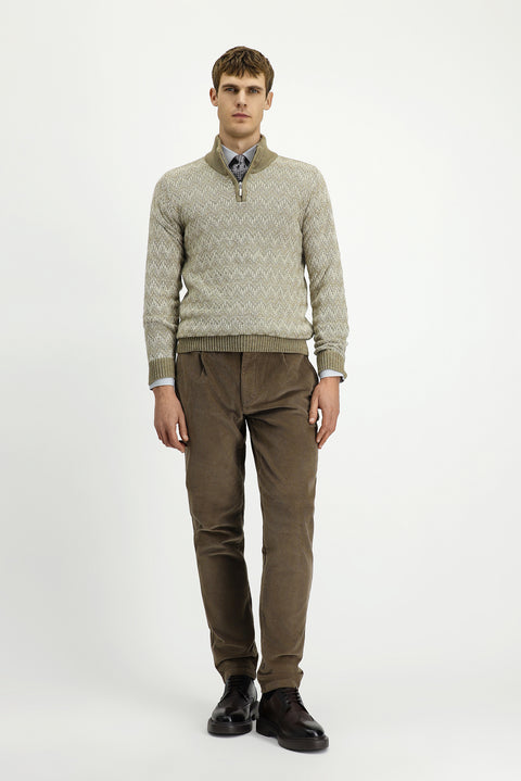 Orta Bej Yarım Balıkçı Yaka Regular Fit Fermuarlı Desenli Triko Kazak