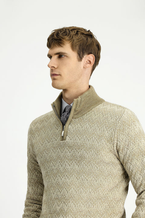 Orta Bej Yarım Balıkçı Yaka Regular Fit Fermuarlı Desenli Triko Kazak