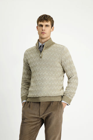  Orta Bej Yarım Balıkçı Yaka Regular Fit Fermuarlı Desenli Pamuklu Triko Kazak