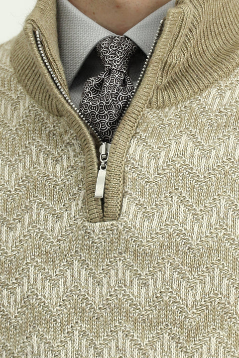 Orta Bej Yarım Balıkçı Yaka Regular Fit Fermuarlı Desenli Triko Kazak