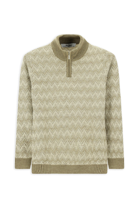 Orta Bej Yarım Balıkçı Yaka Regular Fit Fermuarlı Desenli Triko Kazak