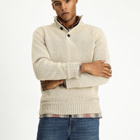 Orta Bej Yarım Balıkçı Yaka Regular Fit Desenli Alpaka Yünlü Triko Kazak