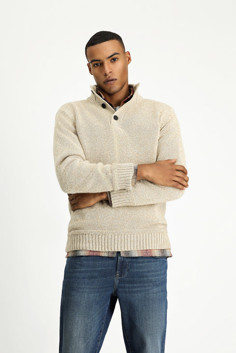 Orta Bej Yarım Balıkçı Yaka Düğmeli Regular Fit Desenli Alpaka Yünlü Triko Kazak