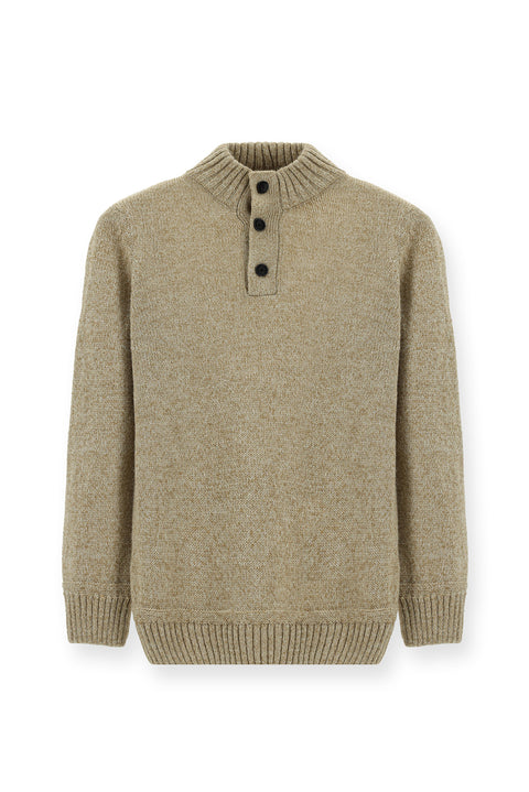 Orta Bej Yarım Balıkçı Yaka Düğmeli Regular Fit Desenli Alpaka Yünlü Triko Kazak