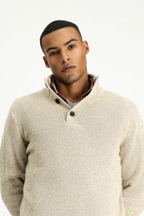 Orta Bej Yarım Balıkçı Yaka Düğmeli Regular Fit Desenli Alpaka Yünlü Triko Kazak