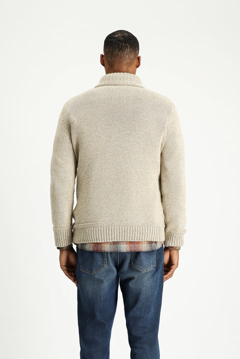 Orta Bej Yarım Balıkçı Yaka Düğmeli Regular Fit Desenli Alpaka Yünlü Triko Kazak