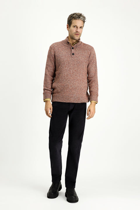 Kiremit Yarım Balıkçı Yaka Düğmeli Regular Fit Desenli Alpaka Yünlü Triko Kazak