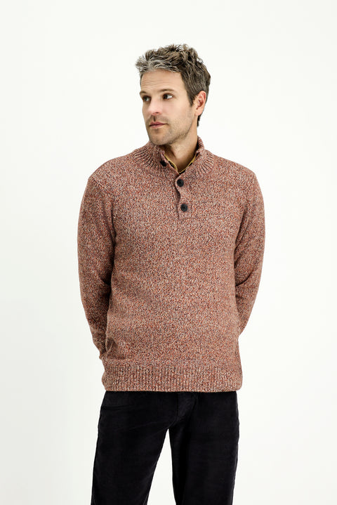 Kiremit Yarım Balıkçı Yaka Düğmeli Regular Fit Desenli Alpaka Yünlü Triko Kazak