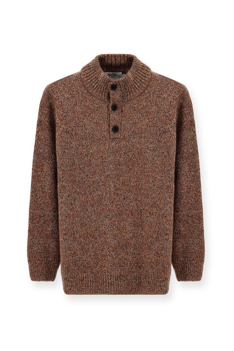 Kiremit Yarım Balıkçı Yaka Düğmeli Regular Fit Desenli Alpaka Yünlü Triko Kazak