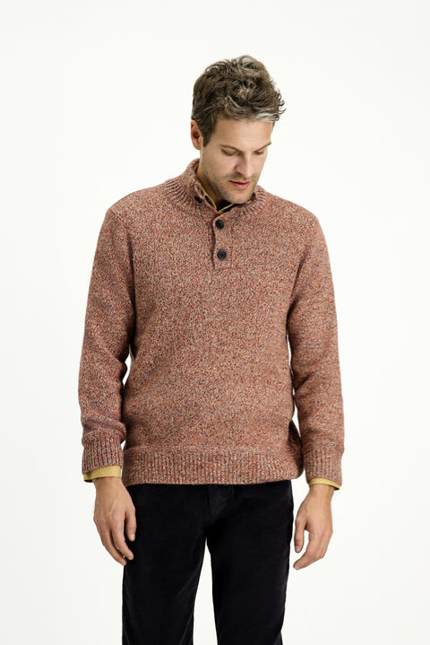 Kiremit Yarım Balıkçı Yaka Düğmeli Regular Fit Desenli Alpaka Yünlü Triko Kazak