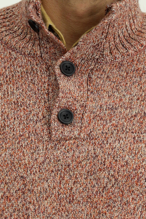 Kiremit Yarım Balıkçı Yaka Düğmeli Regular Fit Desenli Alpaka Yünlü Triko Kazak