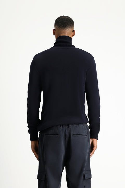 Koyu Lacivert Balıkçı Yaka Regular Fit Desenli Pamuklu Triko Kazak