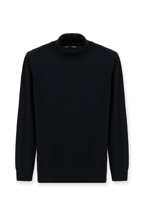 Koyu Lacivert Balıkçı Yaka Regular Fit Desenli Pamuklu Triko Kazak