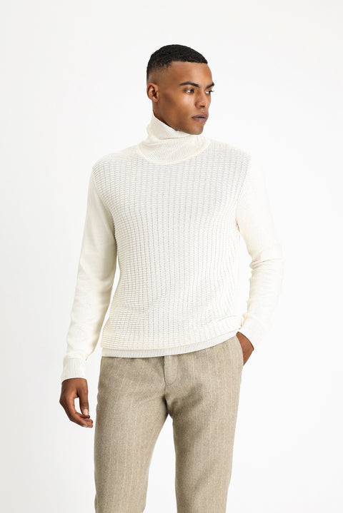 Ekru Balıkçı Yaka Regular Fit Desenli Pamuklu Triko Kazak