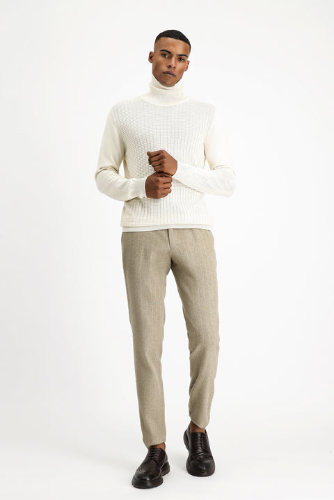 Ekru Balıkçı Yaka Regular Fit Desenli Pamuklu Triko Kazak