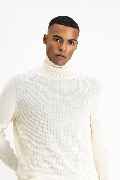 Ekru Balıkçı Yaka Regular Fit Desenli Pamuklu Triko Kazak