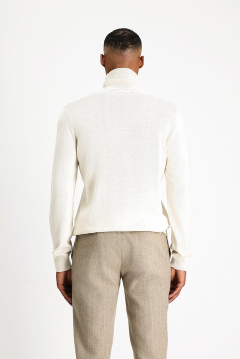 Ekru Balıkçı Yaka Regular Fit Desenli Pamuklu Triko Kazak