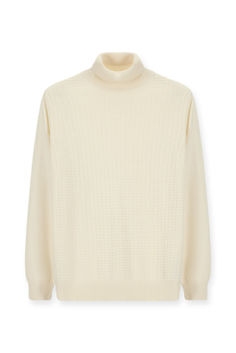 Ekru Balıkçı Yaka Regular Fit Desenli Pamuklu Triko Kazak