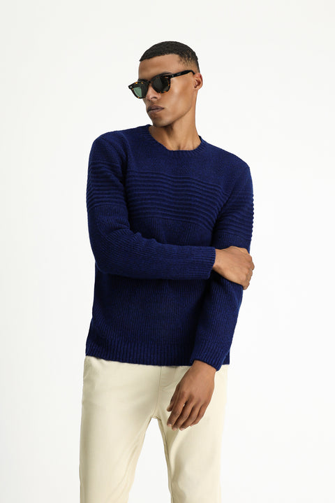 Açık Lacivert Bisiklet Yaka Regular Fit Çizgili Triko Kazak